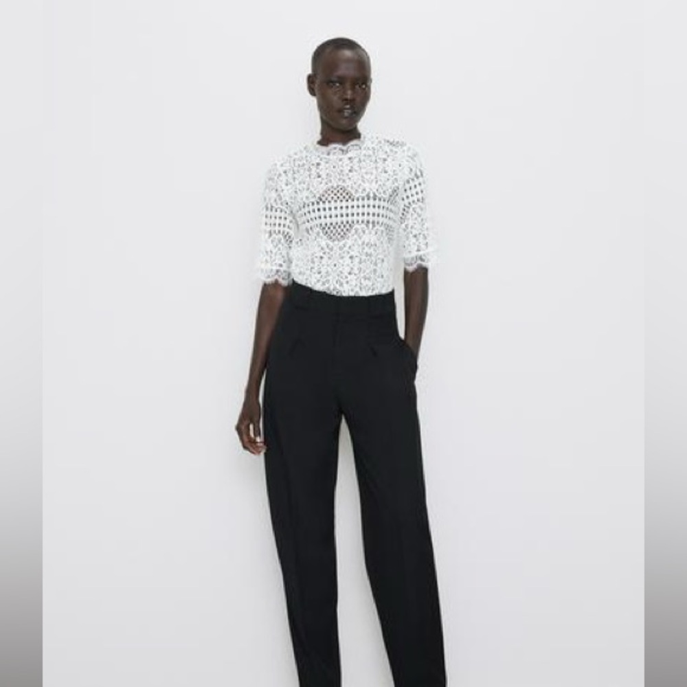 Zara White Crochet Lace Short-Sleeve Blouse